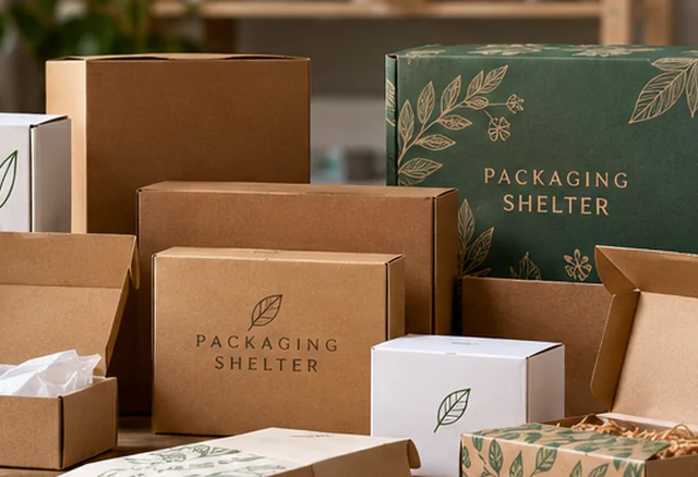 Collection of brown and printed packaging boxes arranged in a studio
