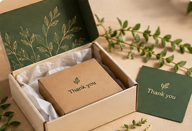 Dark green and natural kraft gift box with gold decorative packaging details