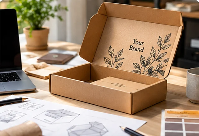 Open printed kraft mailer box beside packaging design sketches on a studio desk